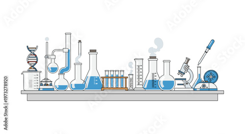 An extensive collection of scientific laboratory glassware including blue-filled flasks, a white microscope, and a DNA helix model rests on a grey workbench.