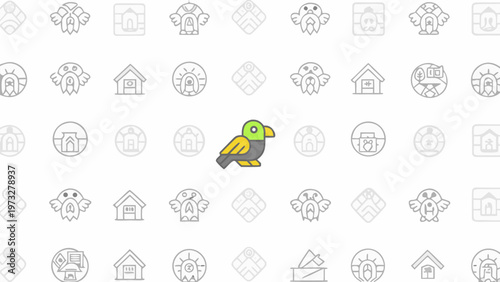 Vibrant green and yellow parrot bird with a distinctive beak perched centrally against a clean white background filled with subtle grey line art icons of houses and abstract