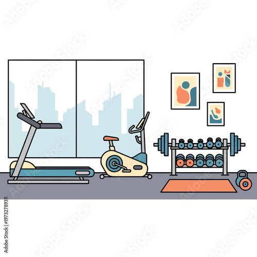 Modern Gym Interior with Treadmill, Exercise Bike, Dumbbells, and Barbell