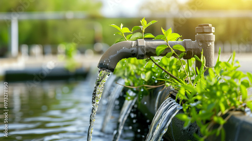 Sustainable water management system with flowing water and lush green plants