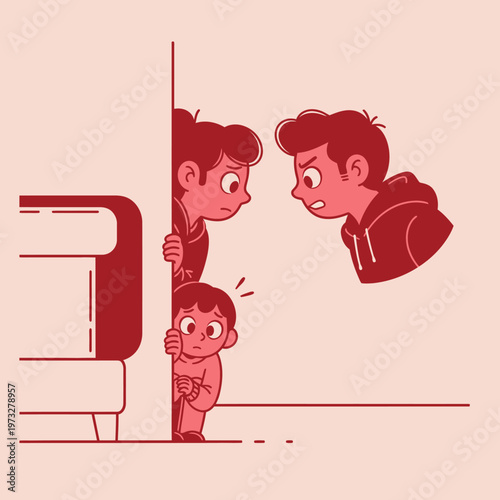 Scared child hides behind wall, witnessing parents arguing, family conflict concept