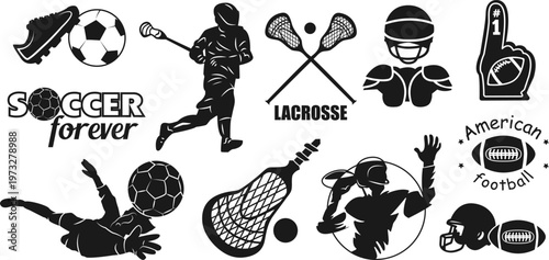 Soccer, Lacrosse and American Football Silhouette Set with Players and Sport Equipment