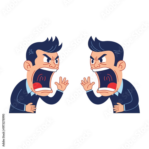 Two angry businessmen yelling at each other, conflict, argument, disagreement, communication breakdown