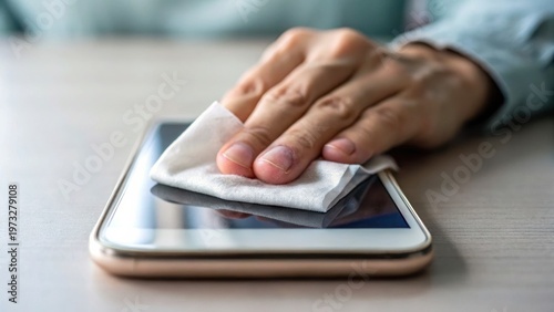 A person cleaning a tablet screen with a cloth on a wooden surface.