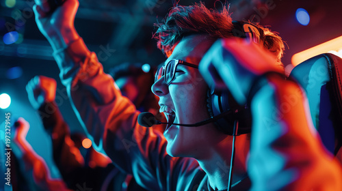 Cyberpunk esports player celebrates victory with intense emotion and neon lighting