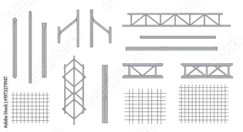 A systematic arrangement of grey steel construction materials including long beams, triangular trusses, and wire mesh grids is displayed on a white background.
