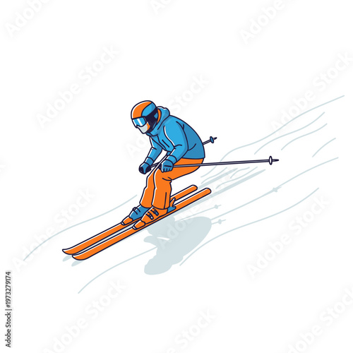 Skier Descending Snowy Slope with Ski Poles - Dynamic Action Illustration