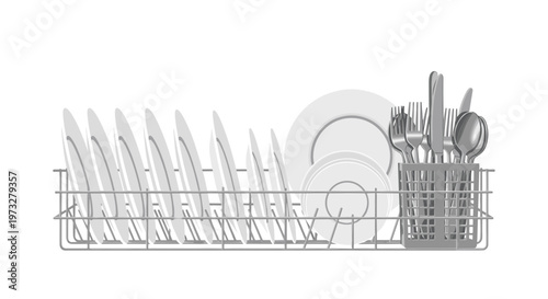 This precise vector illustration showcases a single grey dishwasher rack meticulously organized with several white ceramic plates and a full basket of cutlery.