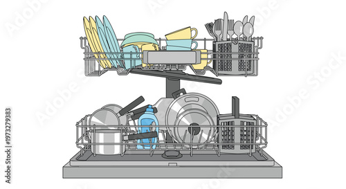 A meticulously detailed illustration depicts a fully loaded modern dishwasher featuring two racks packed with various colorful ceramic plates and metallic pots.