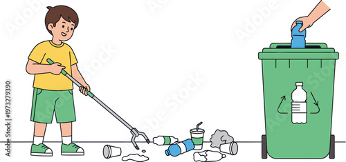 Child Cleaning Trash and Recycling Waste Set Featuring Kid Picking Litter and Sorting Plastic Bottles into Recycling Bin Environmental Awareness Cartoon Vector Illustration