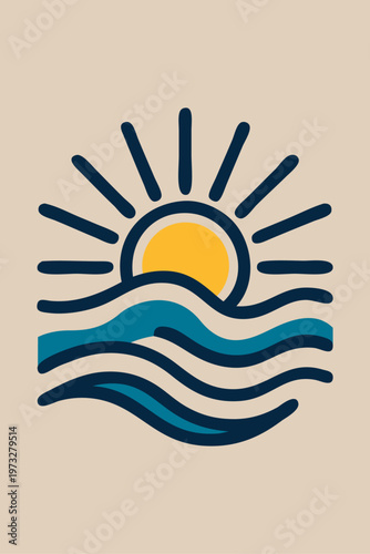 Logotipo agencia de viajes. Vacaciones de verano. Dibujo sencillo con líneas de un sol con olas de mar