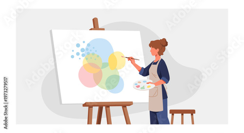 Woman painting colorful abstract art on large canvas in creative studio with warm natural lighting for artistic inspiration