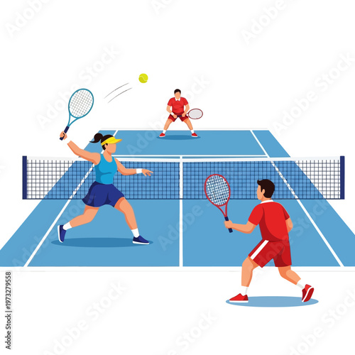 Tennis players competing on blue court, active lifestyle, sports illustration