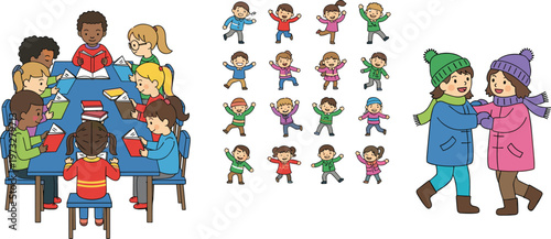 Diverse Children Activities Set Featuring Kids Studying Together Playing Jumping and Walking in Winter Clothes Cartoon Style Vector Illustration Collection