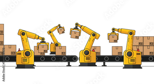 A series of yellow robotic arms are positioned along a fast-moving conveyor belt, actively manipulating and moving cardboard boxes in a modern factory assembly line.