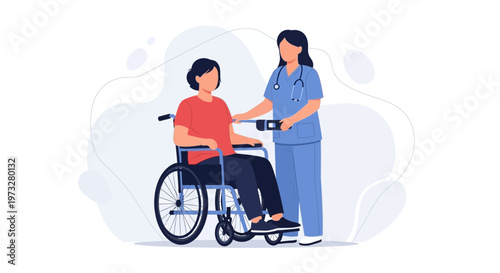 Nurse assisting patient in wheelchair, healthcare concept illustration