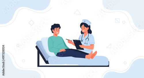 Nurse Consults Patient Lying on Hospital Bed, Medical Checkup Illustration