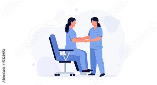 Nurse assisting patient in chair, healthcare, medical examination, care, support