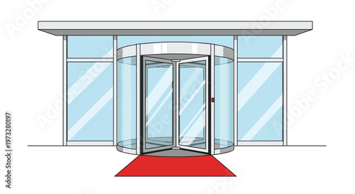 A sleek modern building entrance features a transparent glass revolving door and large windows accented by a vibrant red rectangular welcome carpet strip.