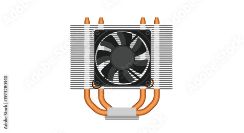 A specialized computer cooling component features a black circular fan attached to a silver aluminum heat sink with curved copper thermal pipes underneath.