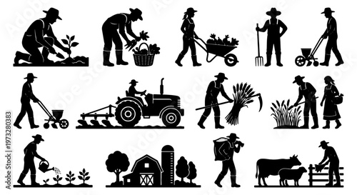 Black farming silhouettes set, agricultural workers and tractor icons, rural farm life vector elements for organic food branding