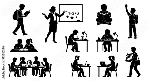 School education silhouettes set, teacher and students learning in classroom, children studying with books and laptops vector icons