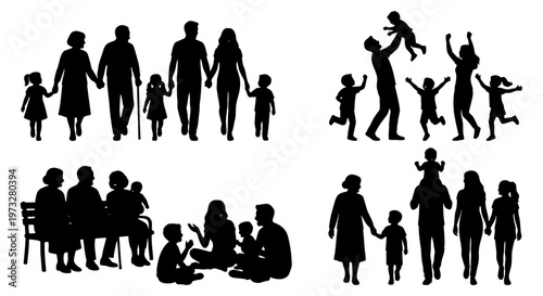 Family silhouettes collection, multi-generational group vector set, black human figures of parents children and grandparents, people life cycle icons