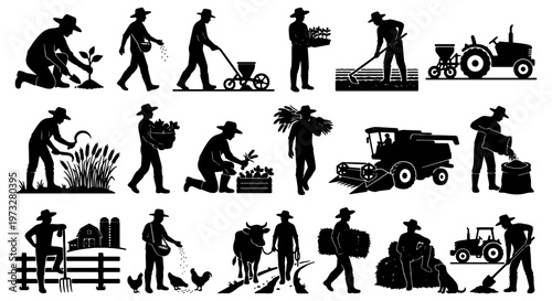 Farming silhouette icons set, agricultural workers and farm machinery vector collection, black silhouettes of farmers planting and harvesting crops