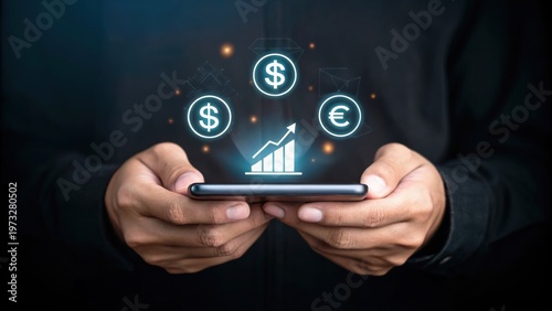Person holding smartphone displaying digital financial icons including dollar, euro, emails, and growth chart.