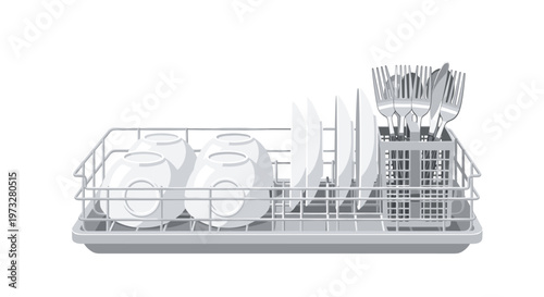 A functional gray wire dish drying rack neatly organizes white ceramic bowls and plates alongside a vertical basket containing stainless steel cutlery.