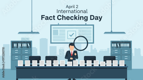International Fact Checking Day April 2 Data Verification Office Scene Analyst Reviewing Information with Magnifying Glass Accuracy Journalism Concept Flat Illustration Modern Design
