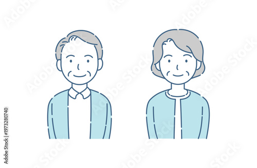 シニア夫婦のやさしい笑顔のシンプルイラスト ブルーグレー配色