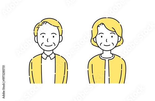 シニア夫婦のやさしい笑顔のシンプルイラスト 黄色アクセント
