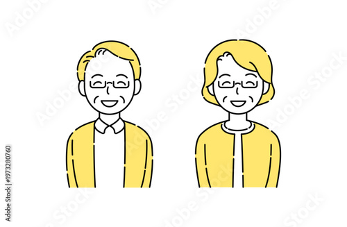 眼鏡をかけて目も笑うシニア夫婦の笑顔 シンプルイラスト 黄色アクセント