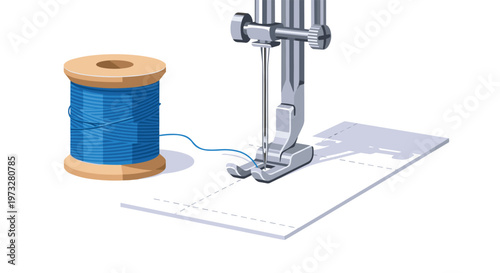 A metallic sewing machine needle assembly sits ready to stitch next to a large wooden spool wound with vibrant blue cotton thread for professional garment making projects.