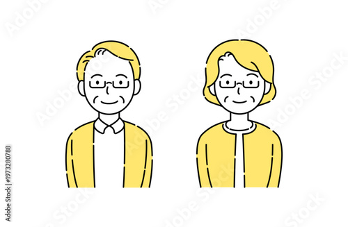 メガネをかけたシニア夫婦の笑顔 シンプルイラスト 黄色アクセント
