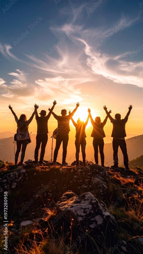 Fototapeta premium Group of People Celebrating on a Mountain Top at Sunset, Overcoming Challenges Together