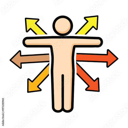 Stick figure with colorful arrows pointing in different directions on white background symbolizing choices and possibilities