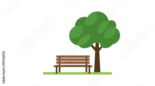 Minimalist Flat Vector Illustration of a Wooden Park Bench Next to a Green Tree on a White Background