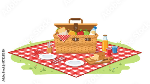 Summer Picnic Vector Illustration with Wicker Basket and Red Checkered Blanket on Green Grass