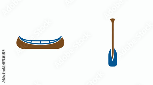 Minimalist Canoe and Paddle Vector Icon Set on White Square Buttons for Outdoor Adventure and Water Sports Designs