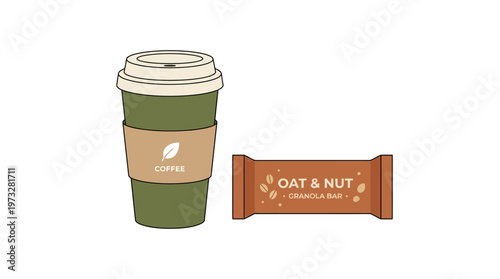 Takeaway Coffee Cup and Healthy Oat and Nut Granola Bar Snack Vector Illustration Isolated on White
