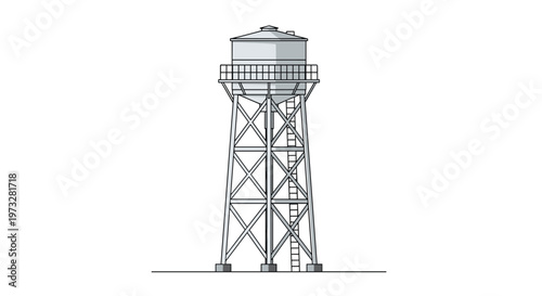 A tall industrial grey metal water storage tower stands prominently featuring a cylindrical tank supported by a sturdy cross-braced steel lattice framework structure.