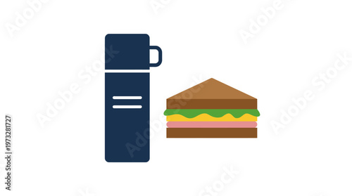 Minimalist Flat Design Vector of a Blue Thermos Flask and a Club Sandwich