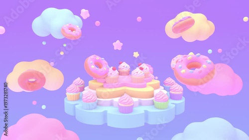 Cute floating stage with cupcakes, surrounded by donuts, stars, and clouds in the sky animation. (loop)