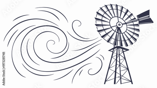 Rustic windmill stands against a strong gust of wind, symbolizing power and nature's force.