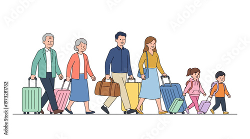 Happy Multi-Generational Family Traveling with Suitcases and Bags, Flat Illustration of Grandparents, Parents, and Children Going on Vacation