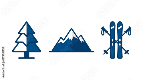 Winter Sport and Mountain Adventure Icon Set Featuring Pine Tree, Snowy Mountain Peaks, and Skiing Equipment Gear