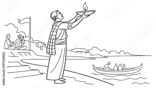 Devout person offers lamp at sacred river bank with people in boat and on shore