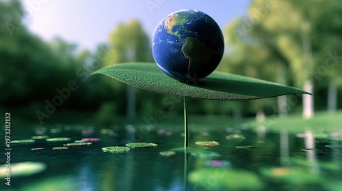 Earth resting on a leaf in a peaceful pond setting
